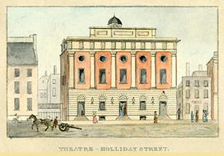 Early 19th century color print of a columned building-the Holliday Street Theatre in Baltimore.