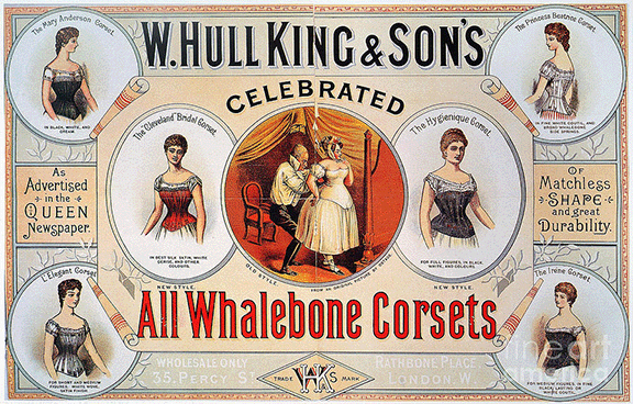 Late 19th-century print advertisement for whalebone corsts showing 7 women wearing corsets.