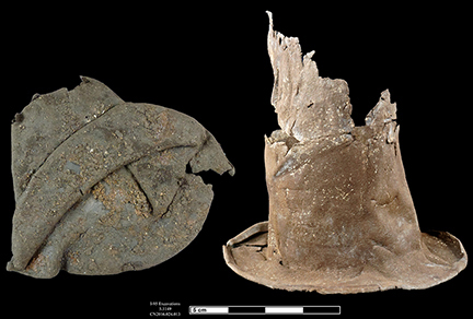 Two views of heavily deteriorated archaeological top hat fragment, before and after conservation, against black background with measurement scale