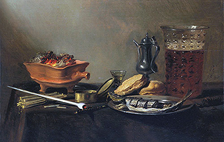 17th-century still life painting of a plated fish, a bowl of fruit, a beaker of ale, and a clay tobacco pipe resting on a bundle of reeds.