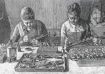 Black and white engraving showing three women in Victorian-era dress with aprons sitting at a workbench making toy soldiers.