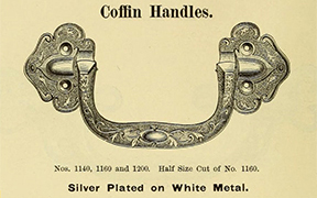Historical catalog illustration of an ornate Victorian coffin handle on a cream-colored background. The hardware shows a decorative U-shaped bail handle with elaborate scrollwork and floral motifs, mounted between two
                    matching ornamental backplates. Text beneath reads 'Nos. 1149, 1150 and 1150A Half Size Cut of No. 1160' and 'Silver Plated on White Metal.'
