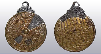 Obverse and reverse views of a circular brass or bronzopper alloy perpetual almanac medal with suspension loop. The obverse (left) shows a radiating sunburst design with calendar information around the perimeter. 
                    The reverse (right) displays vertical columns of text containing perpetual calendar data.