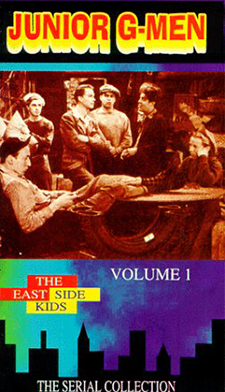 FVHS cover for 'Junior G-Men Volume 1: The Serial Collection' showing a colorful scene of young people gathered around a table. The cover features the 'East Side Kids' branding and displays a city skyline silhouette at the bottom