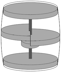 Illustration depicting the internal support built to support an archaeological barrel.  The illustration depicts three horizontal levels connected by a vertical central support.