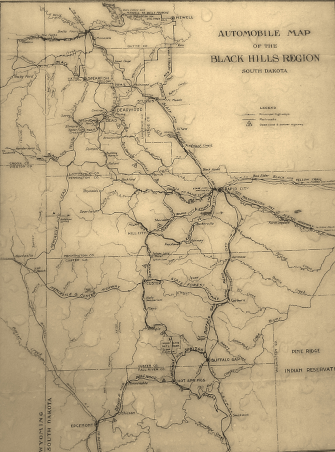 Historical automobile map of the Black Hills Region in South Dakota, printed on aged, discolored paper