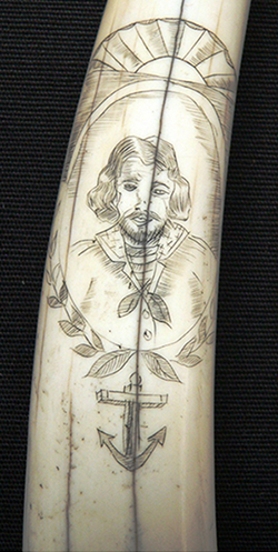 Etched design of a sailor on a walrus tusk.