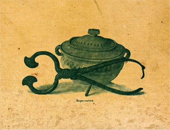 Complete example of a pair of sugar nippers leaning against a ceramic sugar dish.