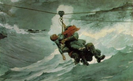 FPainting of a person rescuing another person using a life preserver attached to
a rope and pulley. Wild waves crash in the background.