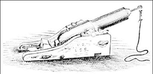 Black and white line drawing of a Lyle gun with a plug in the barrel attached to a
long rope.