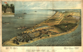 Historic colorized drawing of an aerial view of the peninsula where the hospital is
located.
