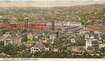 Historic colorized drawing of a brick industrial estate with smokestacks and several residential buildings in the foreground.