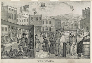 Historic black and white drawing depicting economic depression with several classes of people in a street scene.