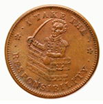 Copper alloy coin with a man sitting in a chest with a bag of coins and a saber. Embossed text on the coin reads “I take the responsibility”.