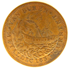 Copper alloy coin with a ship named “Experiment” with a broken mast headed toward a vertical rock face. Lighting above the mast and rough waves below the ship.