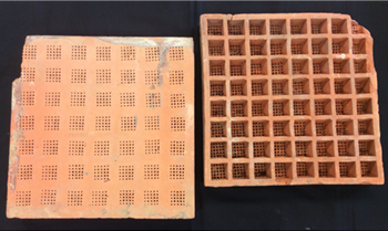 Front and back of two malting tiles from the Clagett Brewery site. The floor surface side shows 49 gridded squares of small holes and the underside shows 49 deep gridded cells.