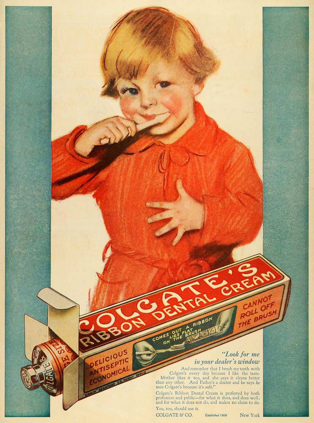 1918 color advertisement with a young girl in a red bathroom brushing her teeth with a Colgate's box of toothpaste in front of her.