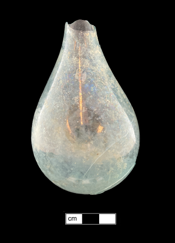 Pale green glass fire grenade. The grenade is shaped like a lightbulb.