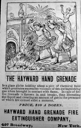 Printed advertisement showing two Victorian girls throwing fire grenades at a flaming rug, while their mother panics in the background.