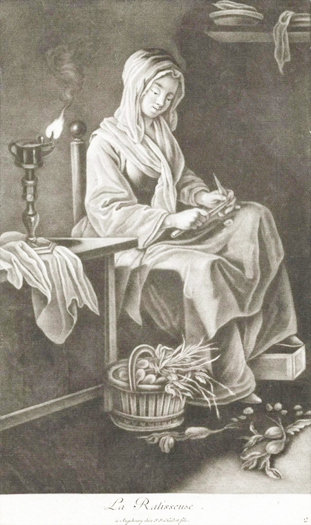 Illustration of a woman seated, cleaning produce. There is a burning lamp on a table next to her.