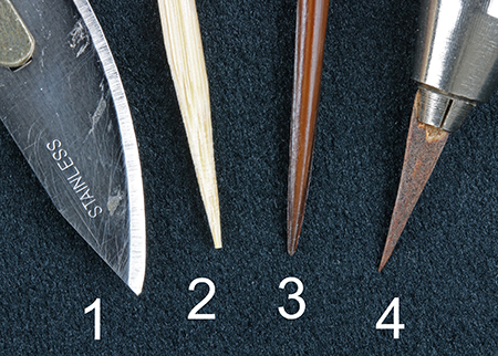 A close-up image of four tools with sharp tips, with the sharpest being the thorn and
scalpel. The skewer and quill are narrow and taper, but both end with a blunted tip in
comparison to the thorn and scalpel.