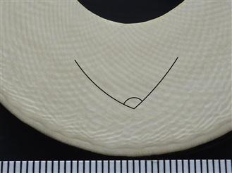 Close-up image of the blunt end of the handle with letters and stars engraved into the end. The material appears to be cracking in evenly spaced curved lines.