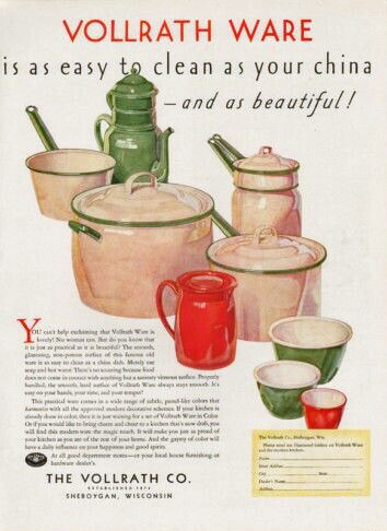 1930 color magazine advertisement depicting 9 assorted white, green and red enameled cookwares.
