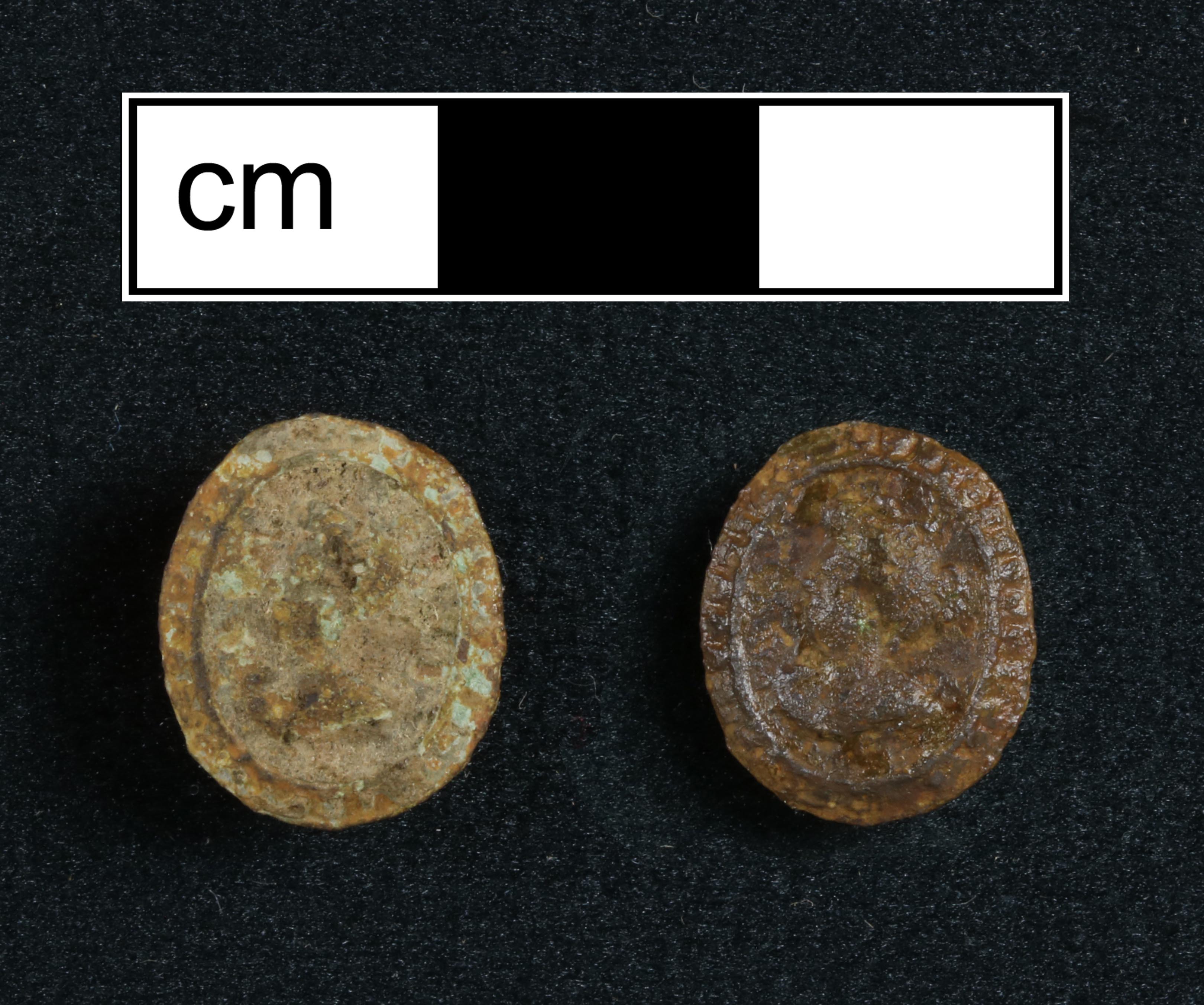 Two images of a copper alloy sleeve button, one before conservation treatment and the other after treatment.