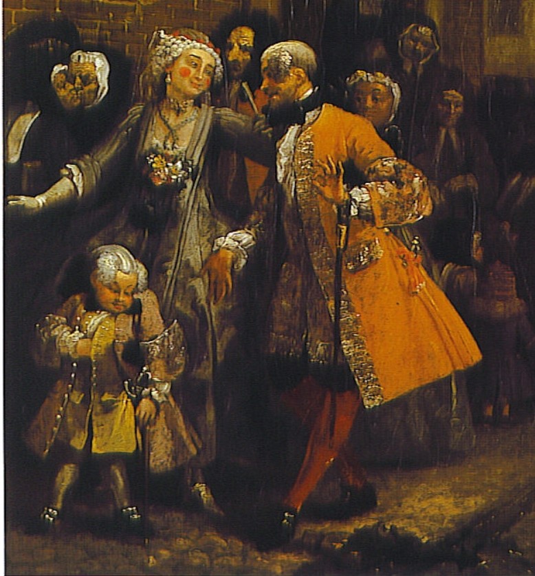Painting of a 1700s nobleman with short sword, walking with his wife and child, who also has a short sword.