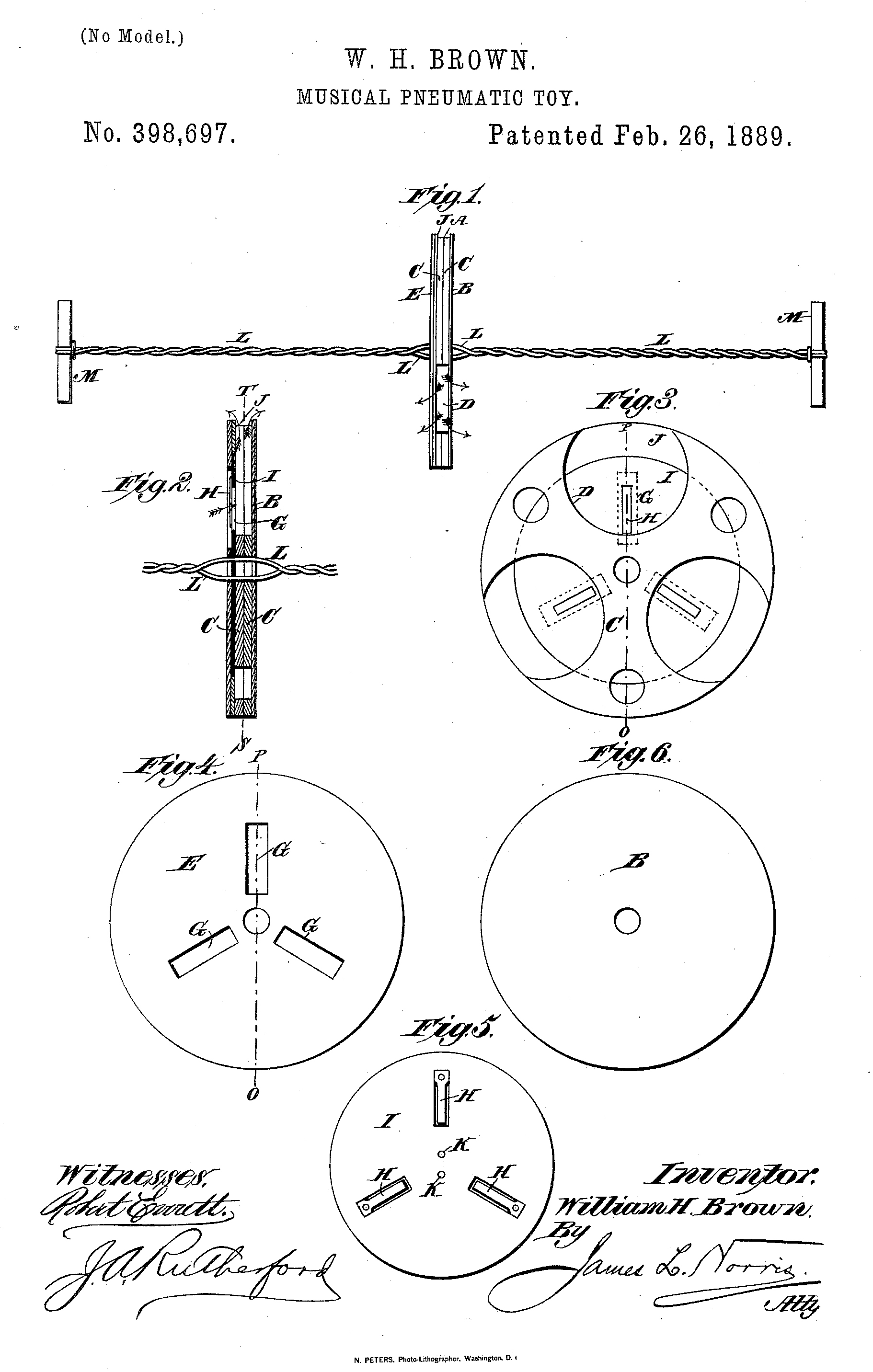 Figure 5 A line drawing of a 19 th century patent showing a round harmonica toy with three evenly
space copper reeds and slots radiating from the center. The plate is mounted to two
strings that are twisted to either side of the toy. The spacing of the reeds mimics
possible slot placement of the mystery object.