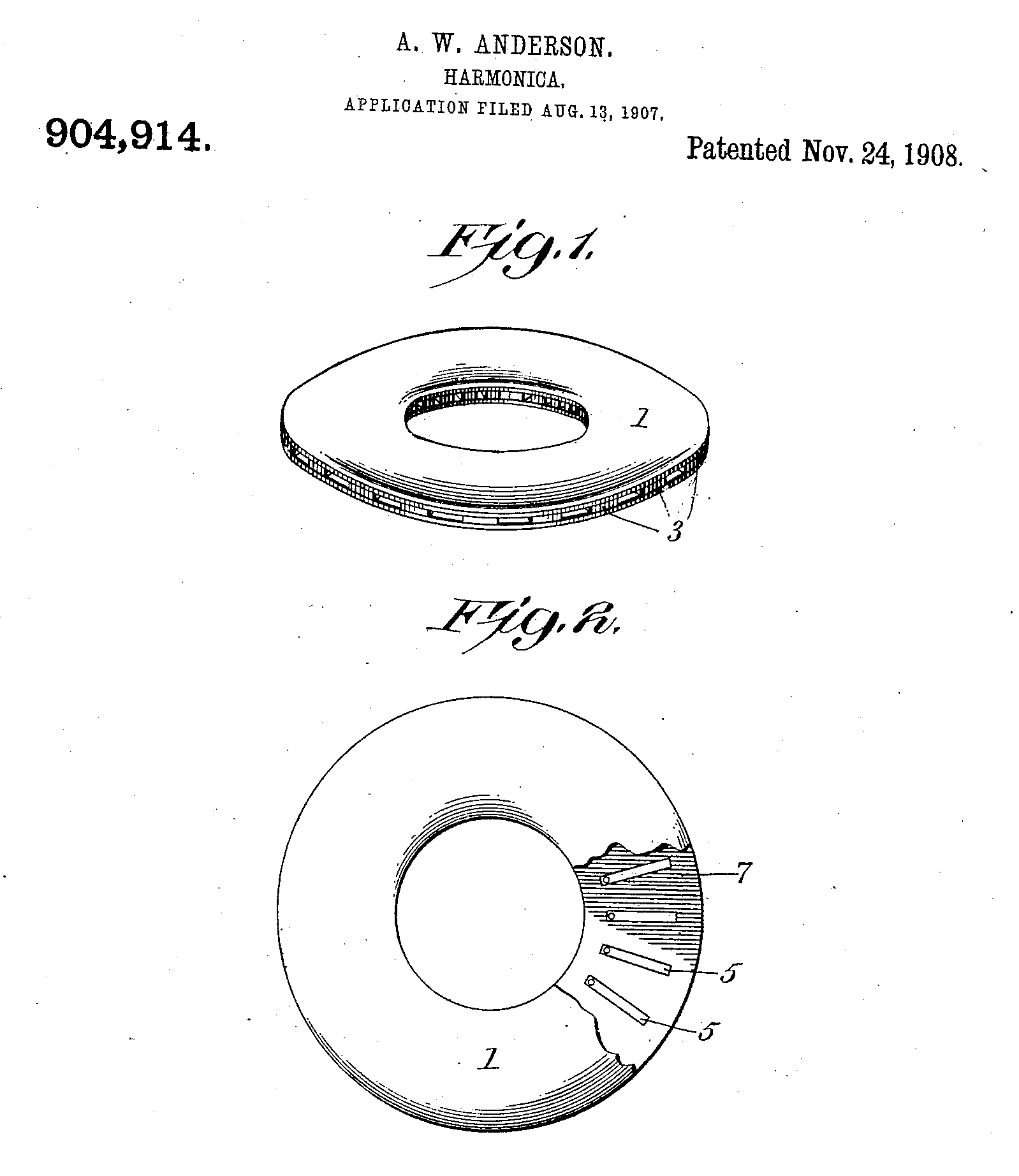 Figure 6 A line drawing of a 19 th century patent showing a donut-shaped ring. A second, cut-
away drawing shows reeds hidden within the ring radiating from the center. The central
hole of this line drawing artifact is much wider than the mystery artifact.