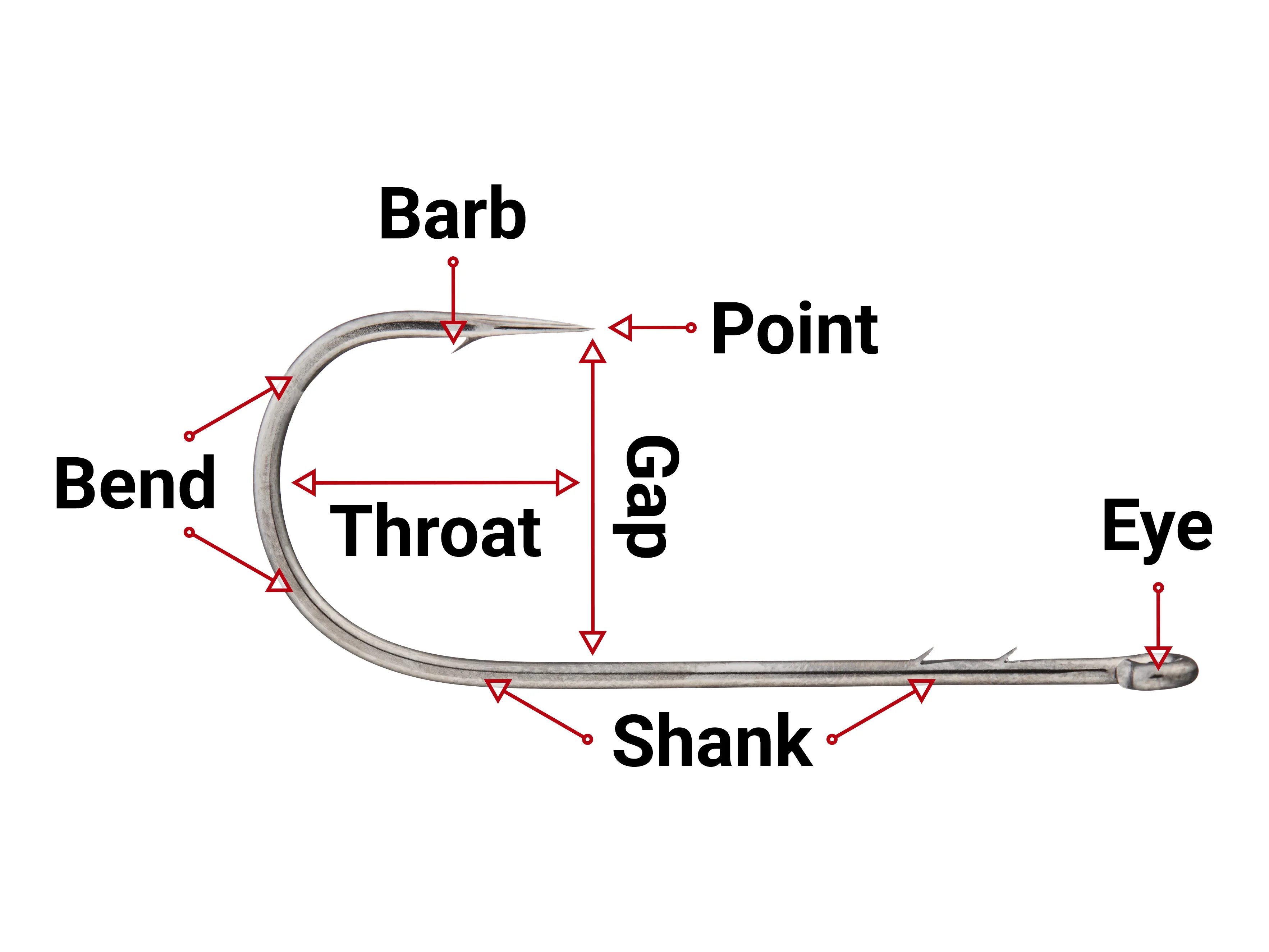 Diagram of a fishing hook with labelled parts.