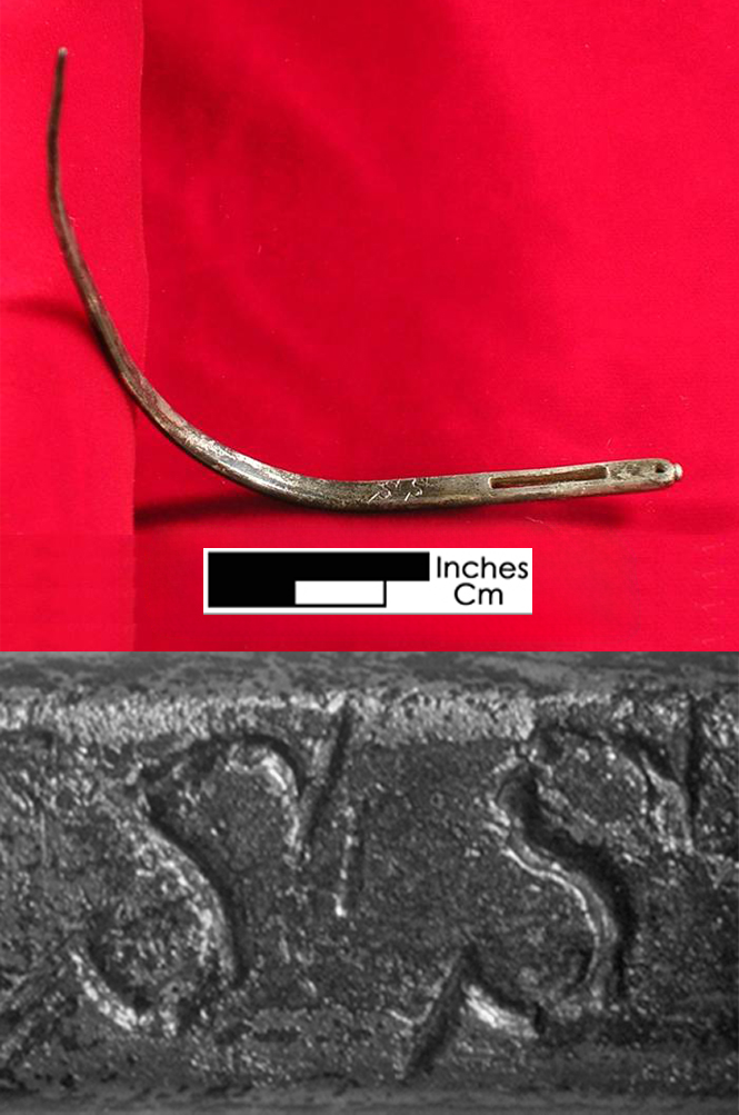 Image of an artifact known as a bodkin with a scale. The top shows the artifact overall and a detail zoomed in on the inscribed SS initials is at the bottom.