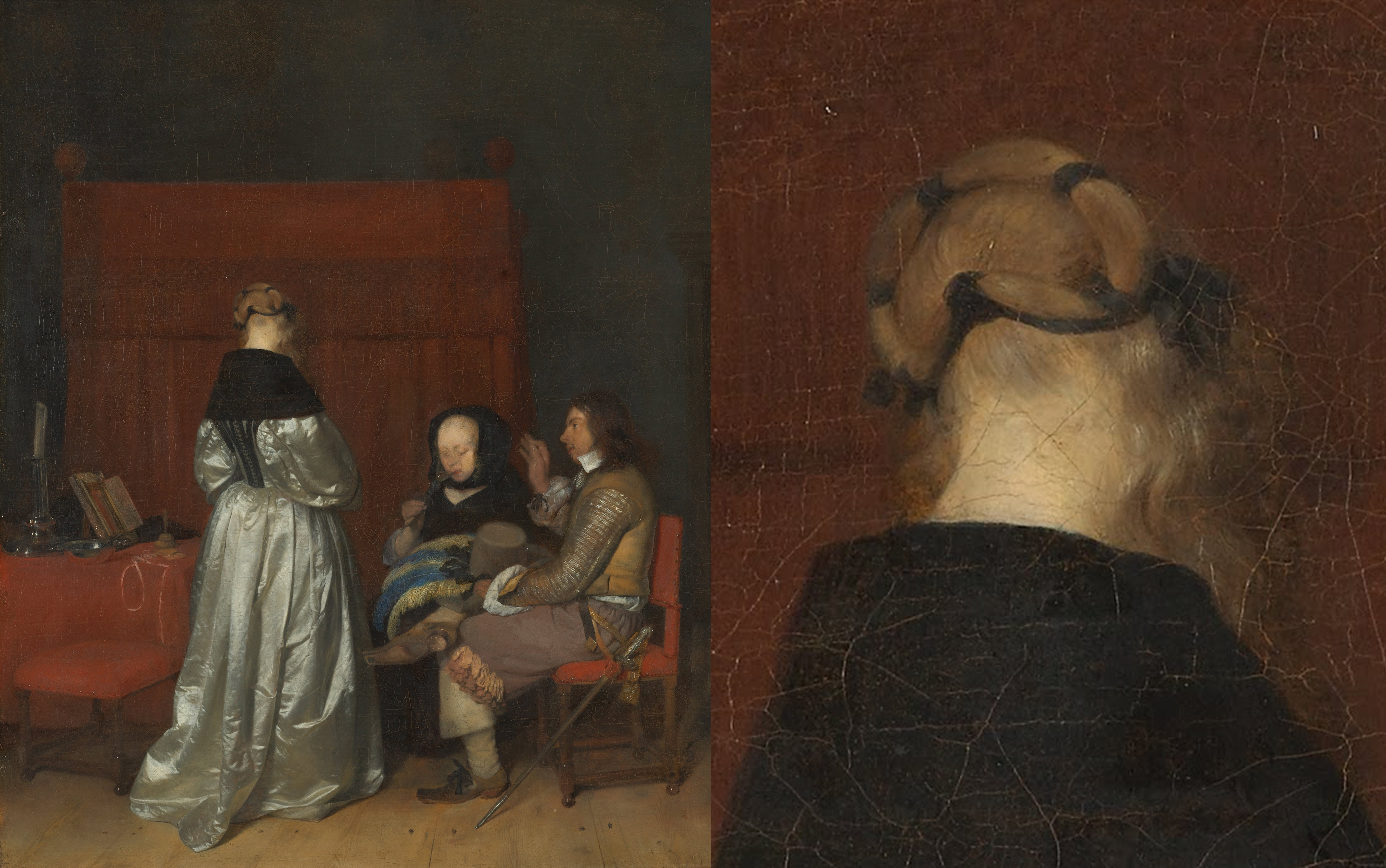 Two views of an oil painting showing three people in conversation; one woman is standing facing away from the viewer as she talks to a seated man and woman in front of her. A detail of the back of the standing woman's head is shown.