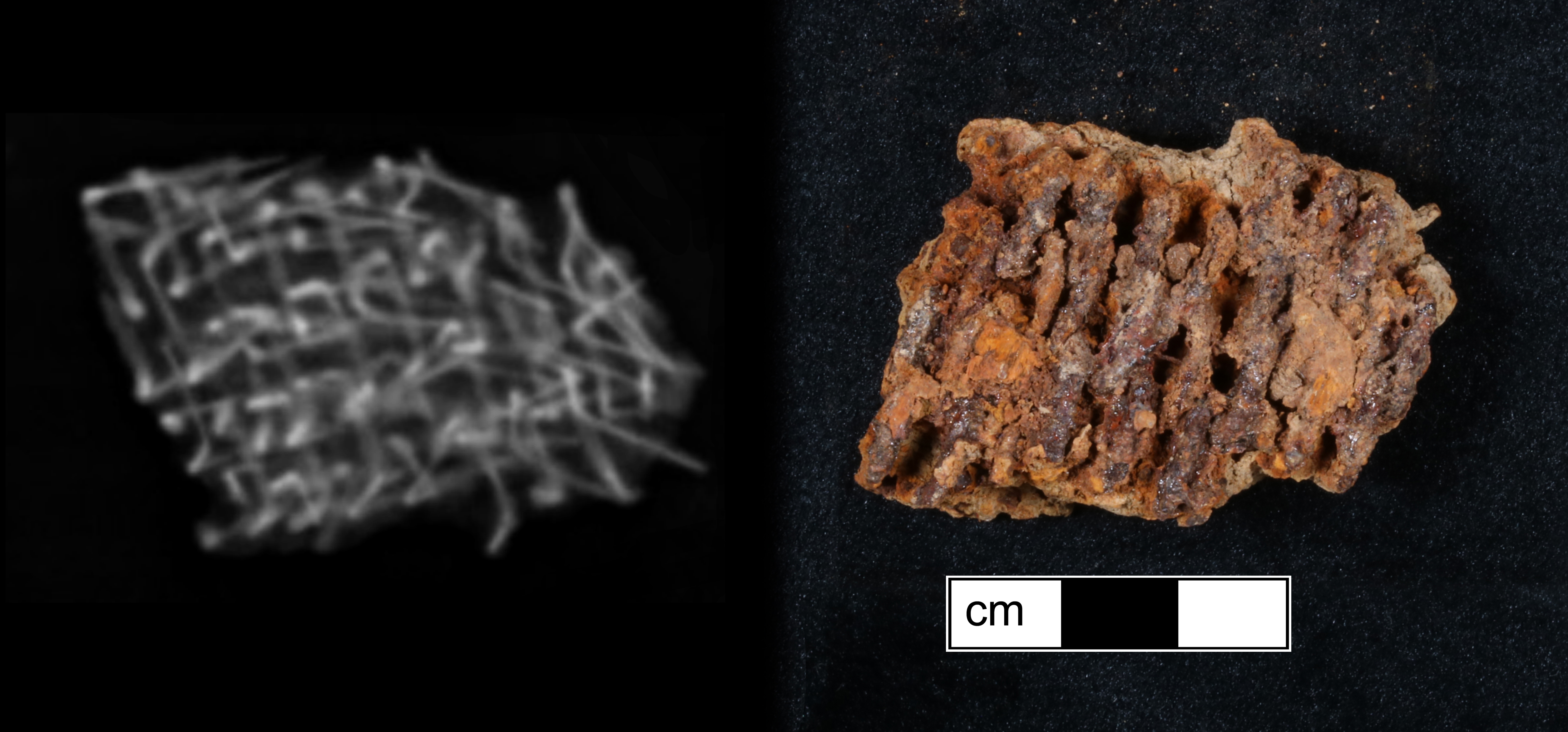 Detail of corroded wire with its ends lined up in rows next to an x-ray of the artifact showing a series of dense lines.