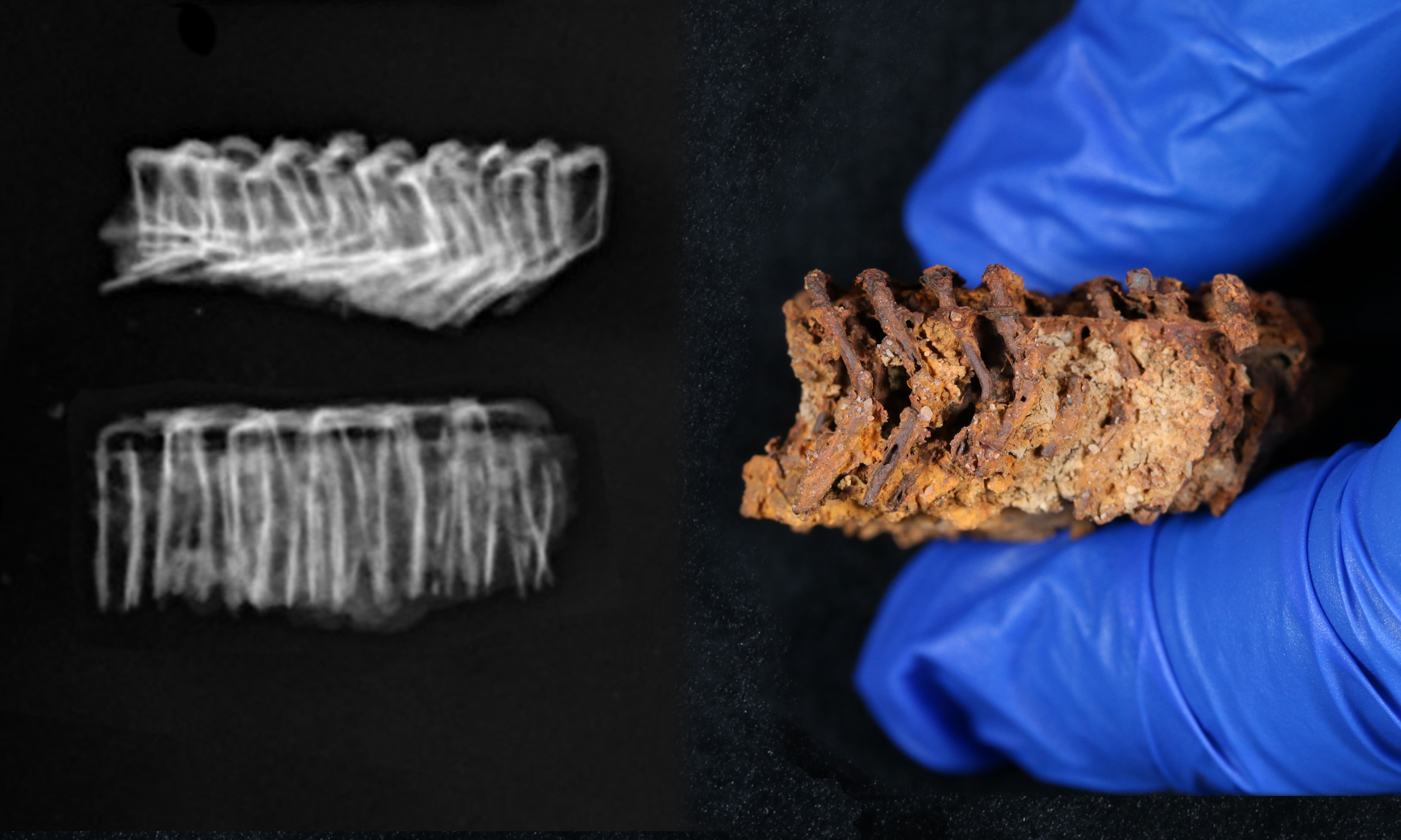 Detail of corroded wire chevrons evenly spaced and an x-ray of the artifact from the same angle showing a series of evenly spaced lines with the same chevron angle.
