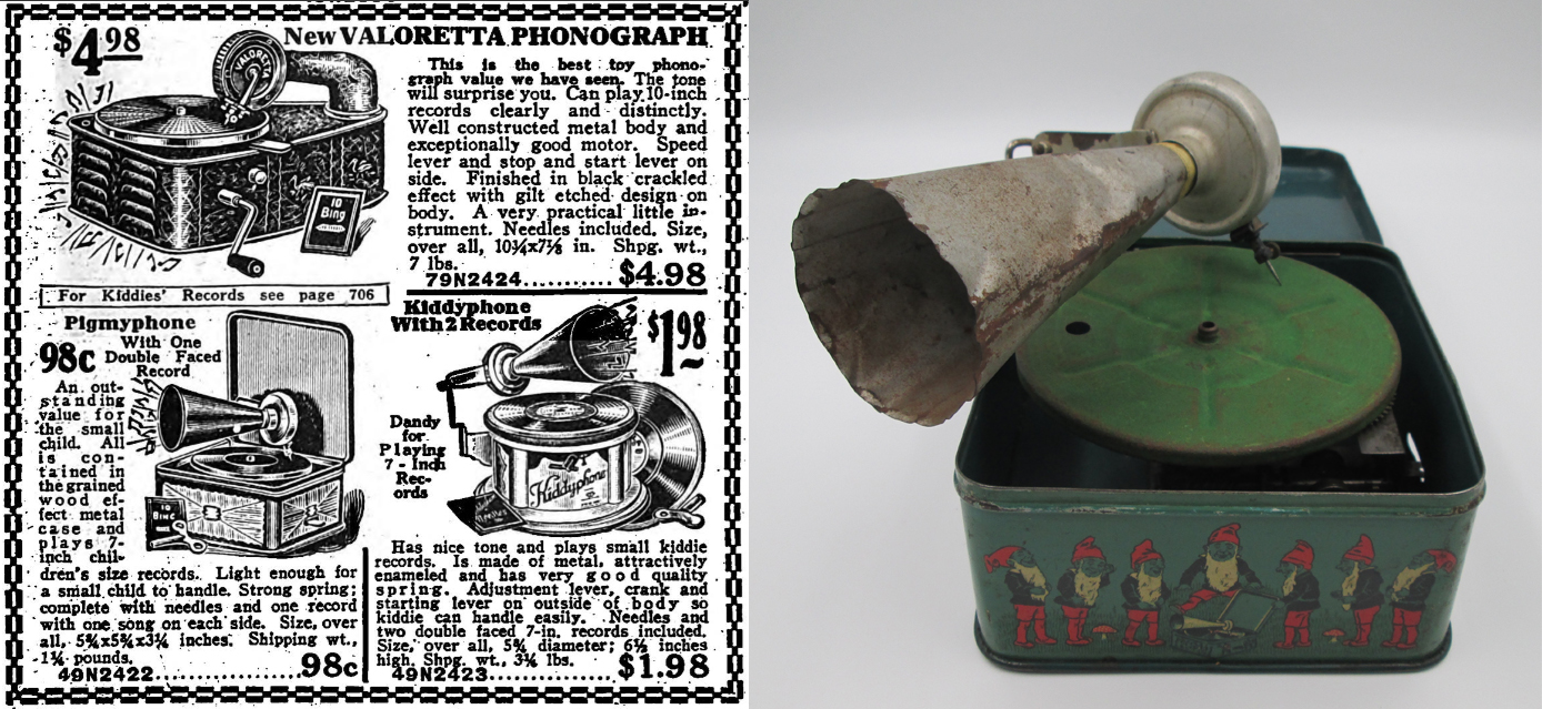 Advertisement with drawings of three models of children's phonographs at the left and a photo of a small phonograph in a decorative square tin with round green platter and metallic horn at the right.
