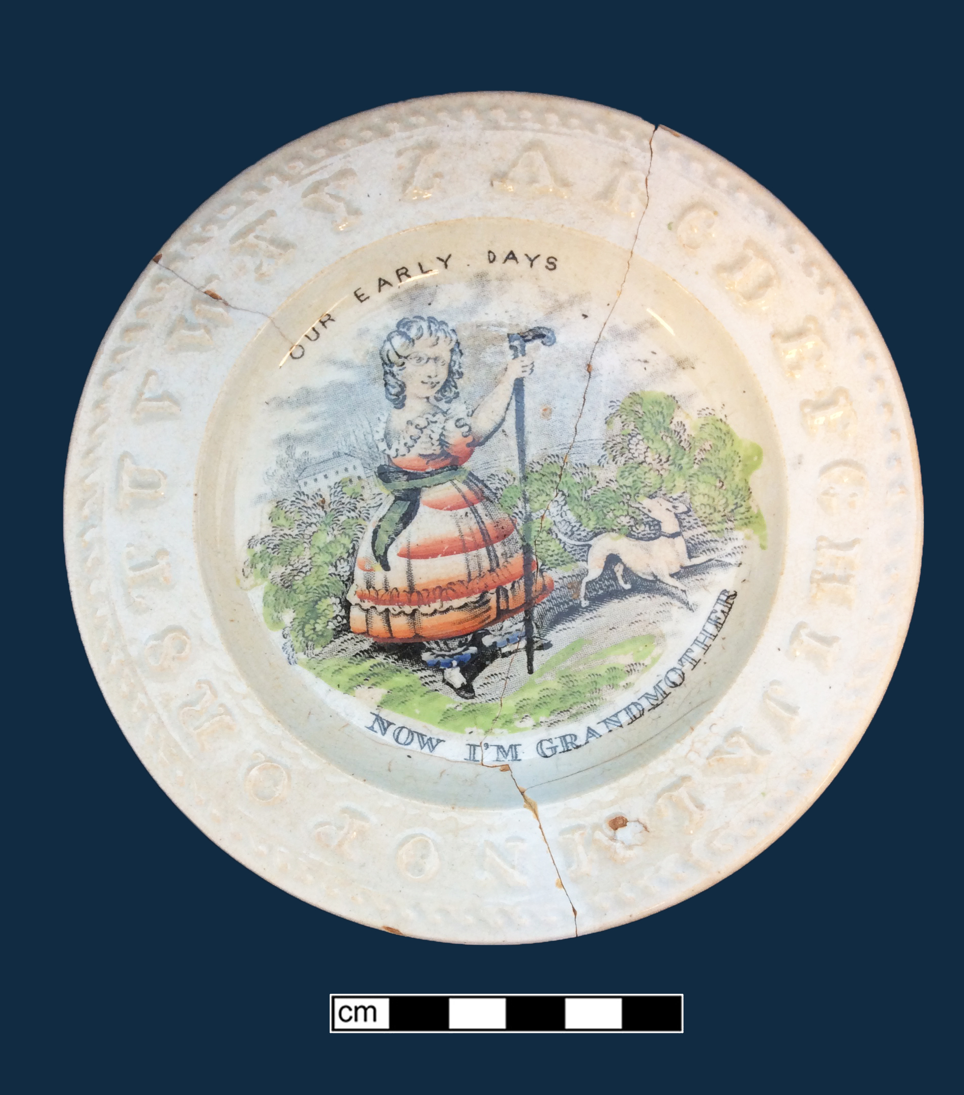Circular plate with letters of the alphabet molded around the rim. The center of the plate has a color image of a small dog and a woman in a long dress holding a walking stick.  Text on the plate states “Our Early Days” and “Now I’m Grandmother”.