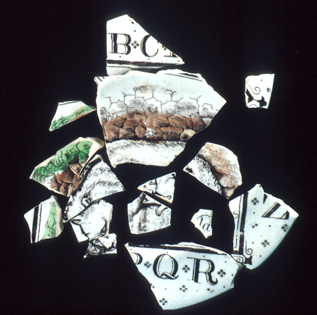 Multiple fragments of white pottery with a color design of a bear and the printed letters Q and R.