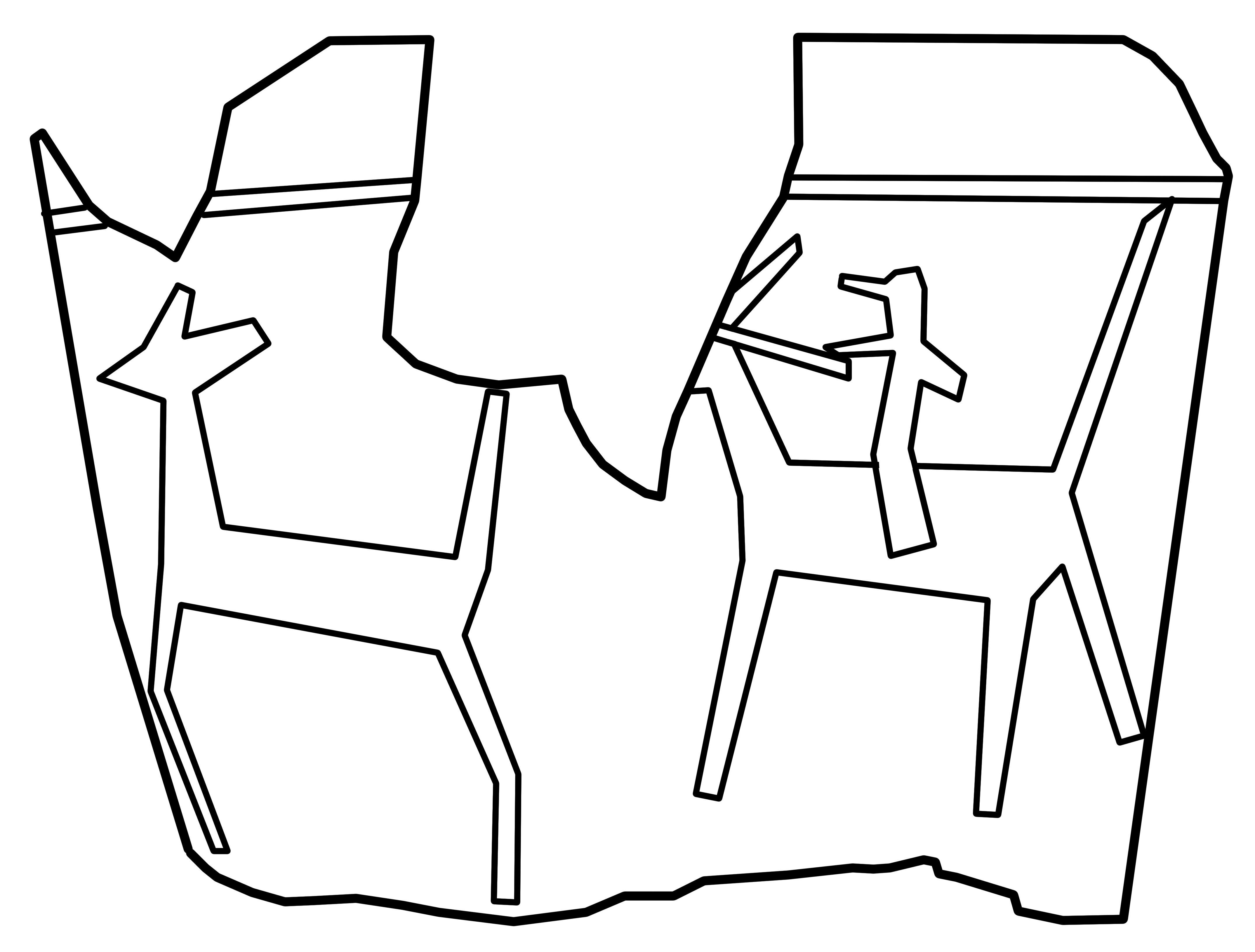 Line drawing of a hunting scene with a dog or deer in front of a person riding a horse.