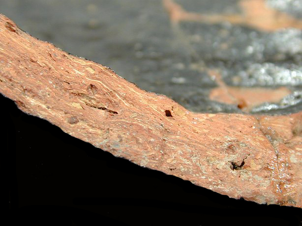 Profile of Buckley body sherd showing yellow and red striations in the paste, Angelica Knolls, 18CV60/1.094.&nbsp;