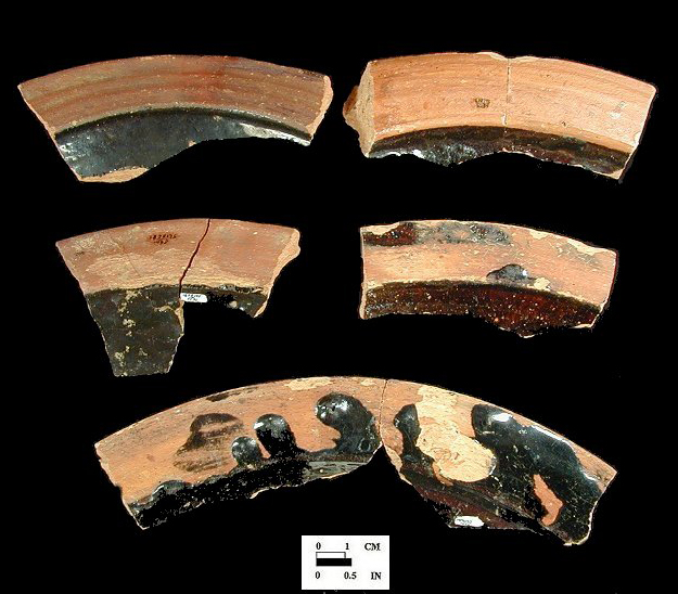 Typical milk pan rims from the Oxon Hill site,18PR175, Area I Well (ca. 1710 - 1750). 