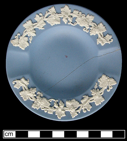 Jasperware ash tray with grapevine sprig molding - Stamped on reverse: Wedgwood/Made in England/60 - Private collection.