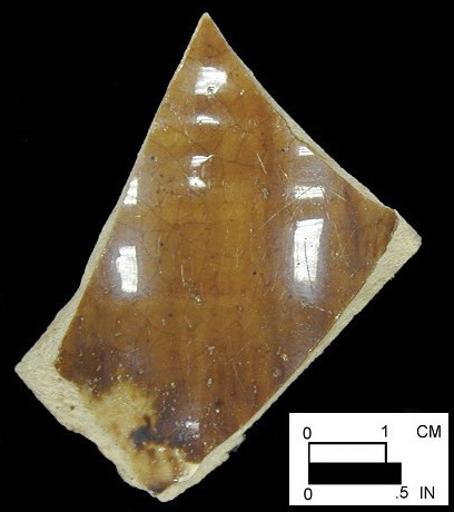 Manganese Mottled mug body sherd interior from Oxon Hill site 18PR175, vessel #256.  Area I Well (ca. 1710 - ca. 1750.