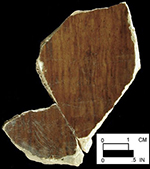 Manganese Mottled body sherd, interior (left) and exterior (right), of large unidentified hollow vessel from the King's Reach site 18CV83/966. 