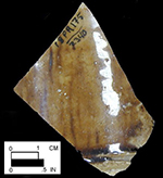 Manganese Mottled mug body sherd with cordoning visible on exterior sherd, interior (left) and exterior (right) from Oxon Hill site 18PR175, vessel #256.  Area I Well (ca. 1710 - ca. 1750.