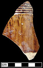 Manganese Mottled cylindrical mug or tankard with cordoning/wheel-turned grooves on the body - collected by George L. Miller in 1986 in Staffordshire in Hanley.  Cannot be attributed to a specific pottery. 