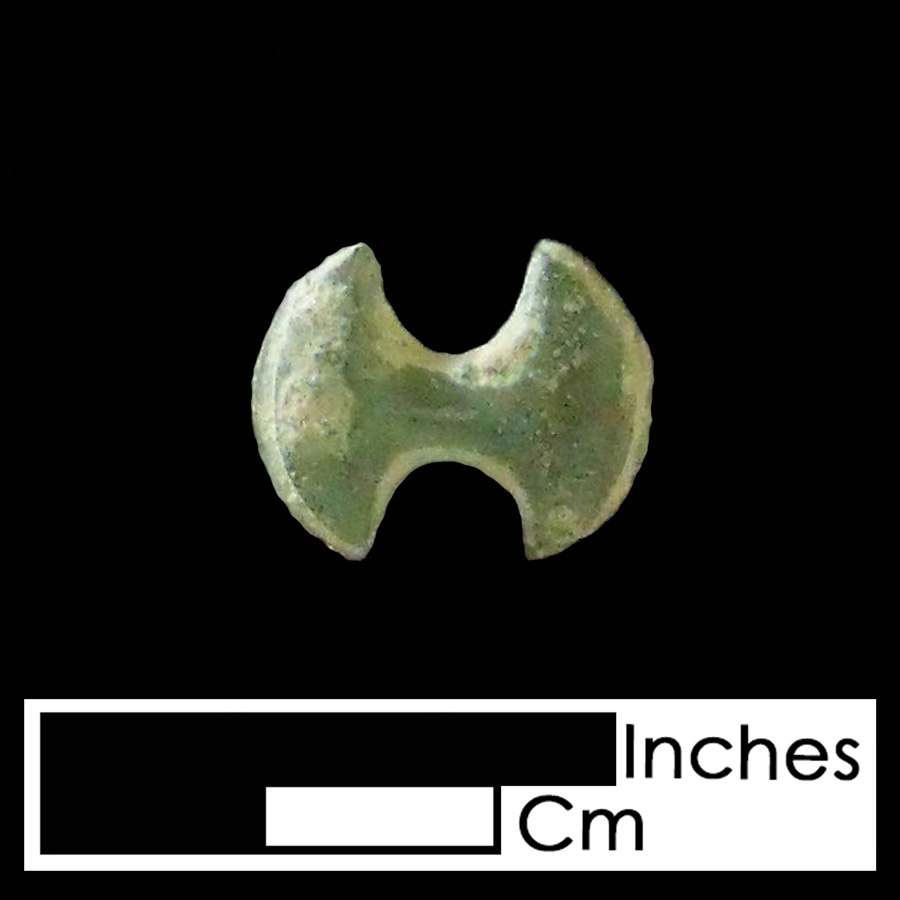 Image of copper alloy leather ornament, Double Axe Head.