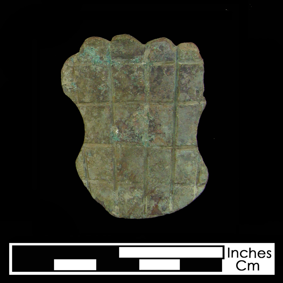 Image of copper alloy leather ornament, Shield.