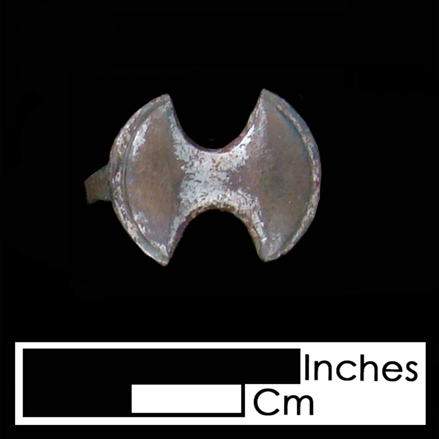 Image of copper alloy leather ornament, Double Axe Head.